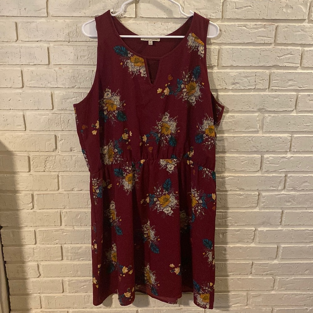 Burgundy Floral Mixed-Material Dress